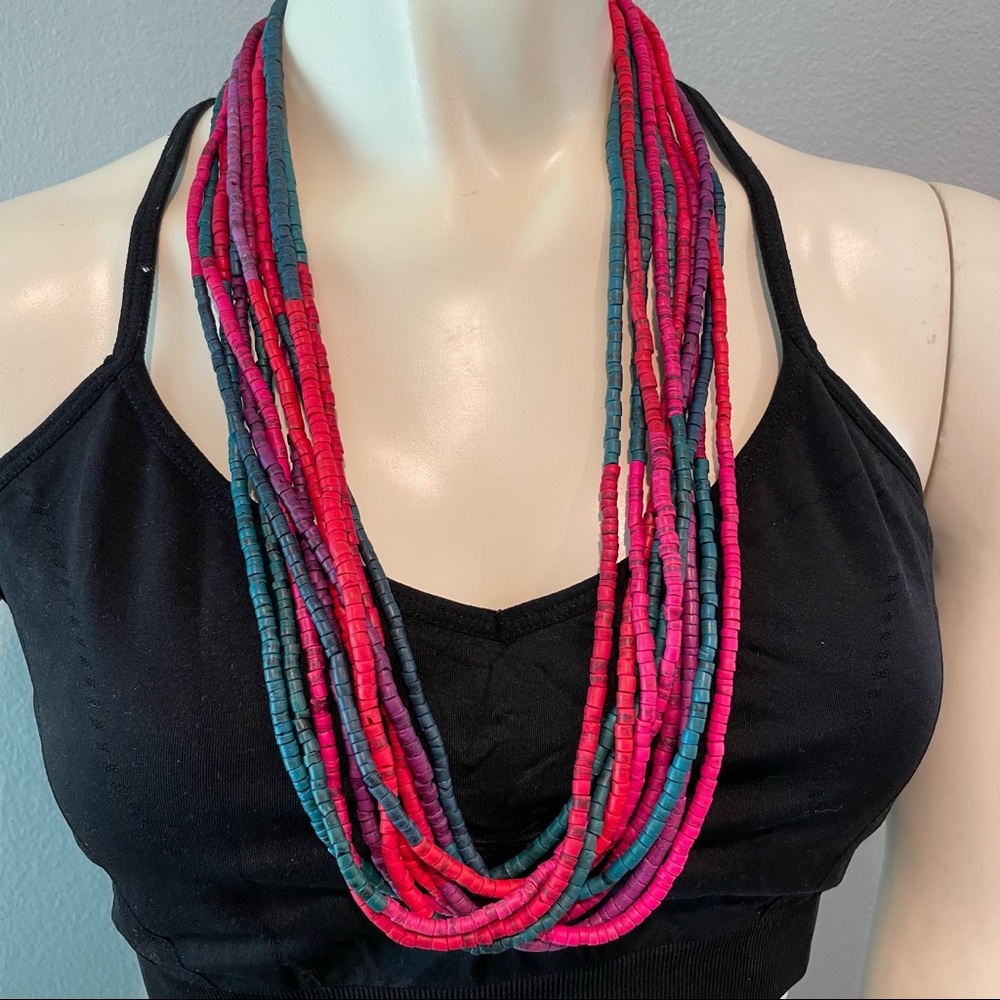 Vintage Wood Pink Purple Teal Ombré Bead Necklace Multi Strand Long Statement